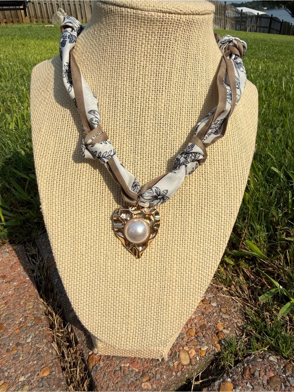 Hand Crafted Gold Heart Pendant Necklace with Pearl and Beige Scarf Cord